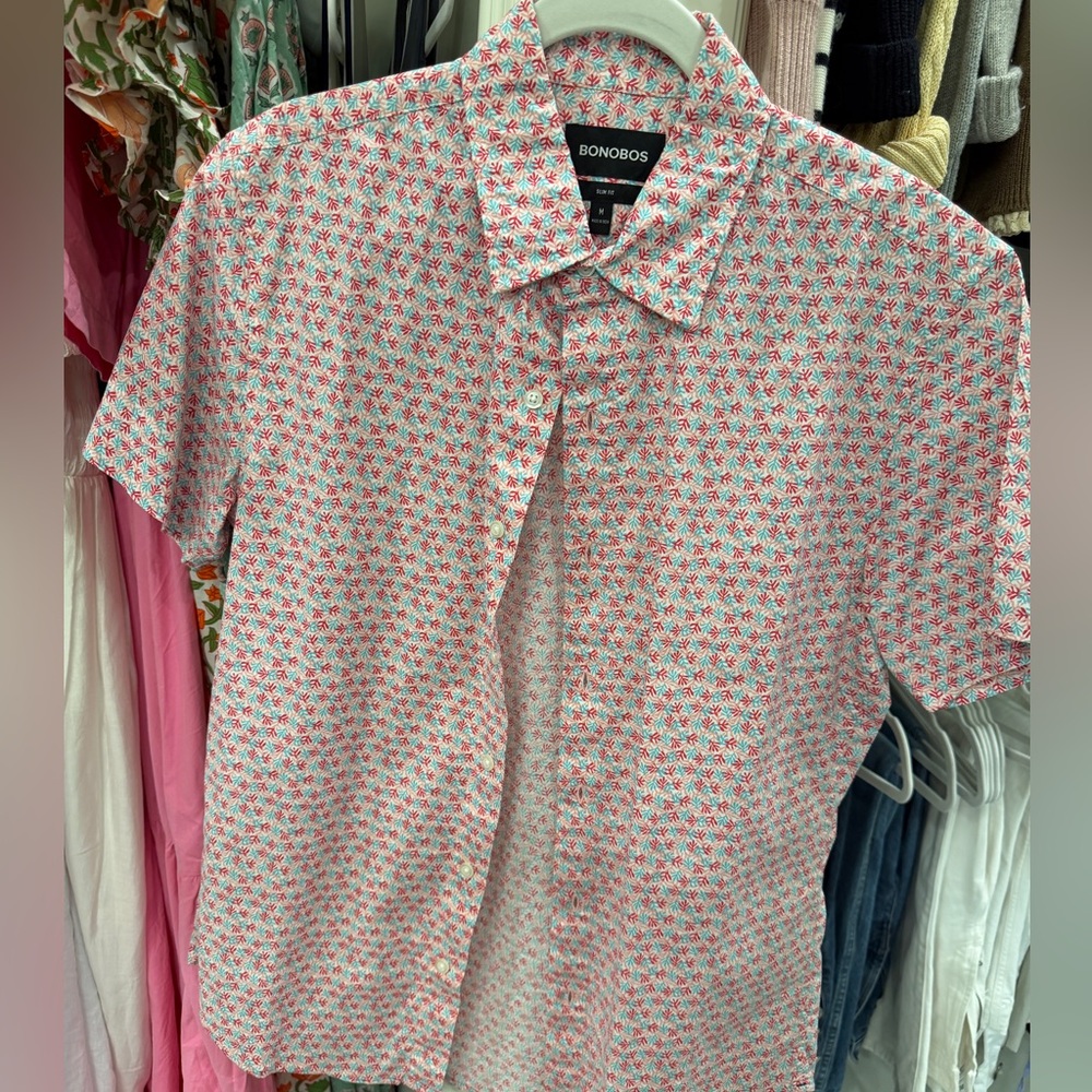 Men's Bonobos Short-Sleeve Button-Down Shirt in Pink and Green Micro Floral